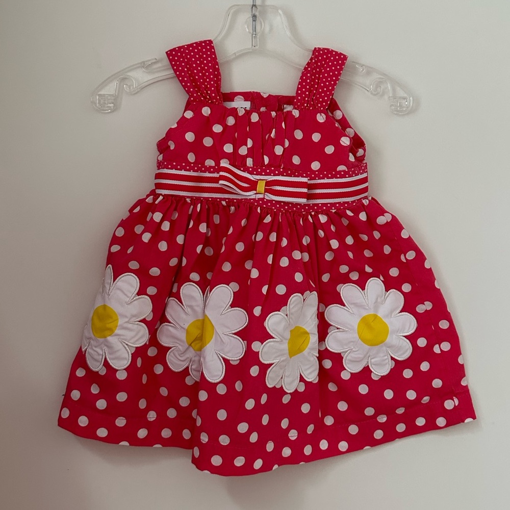 12 months Blueber Boulevard Red Baby polka dots  with flowers Dress